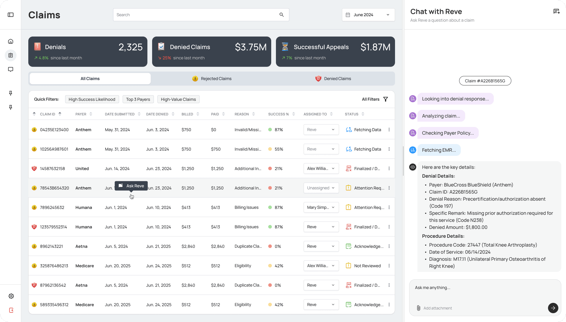 Claims Management interface showing organized claim workflows and filtering options