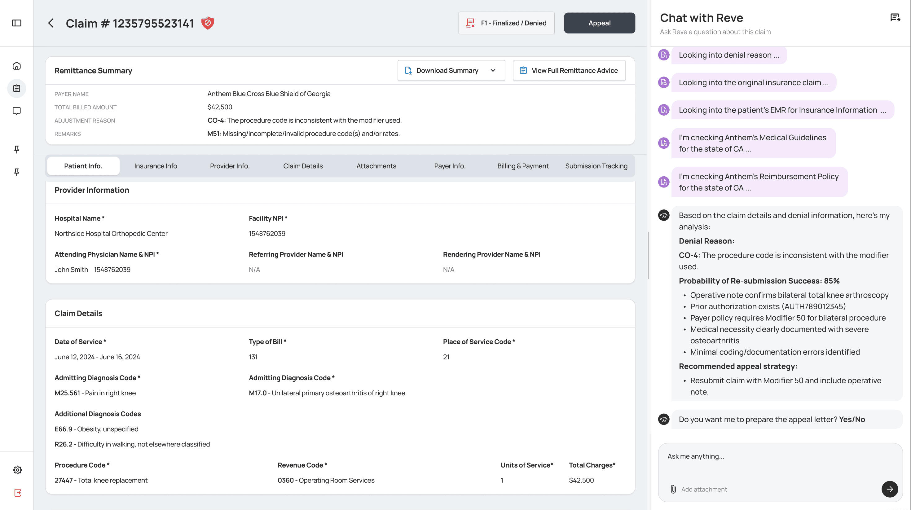 Expert assistance interface showing AI chat support and guidance for complex claims