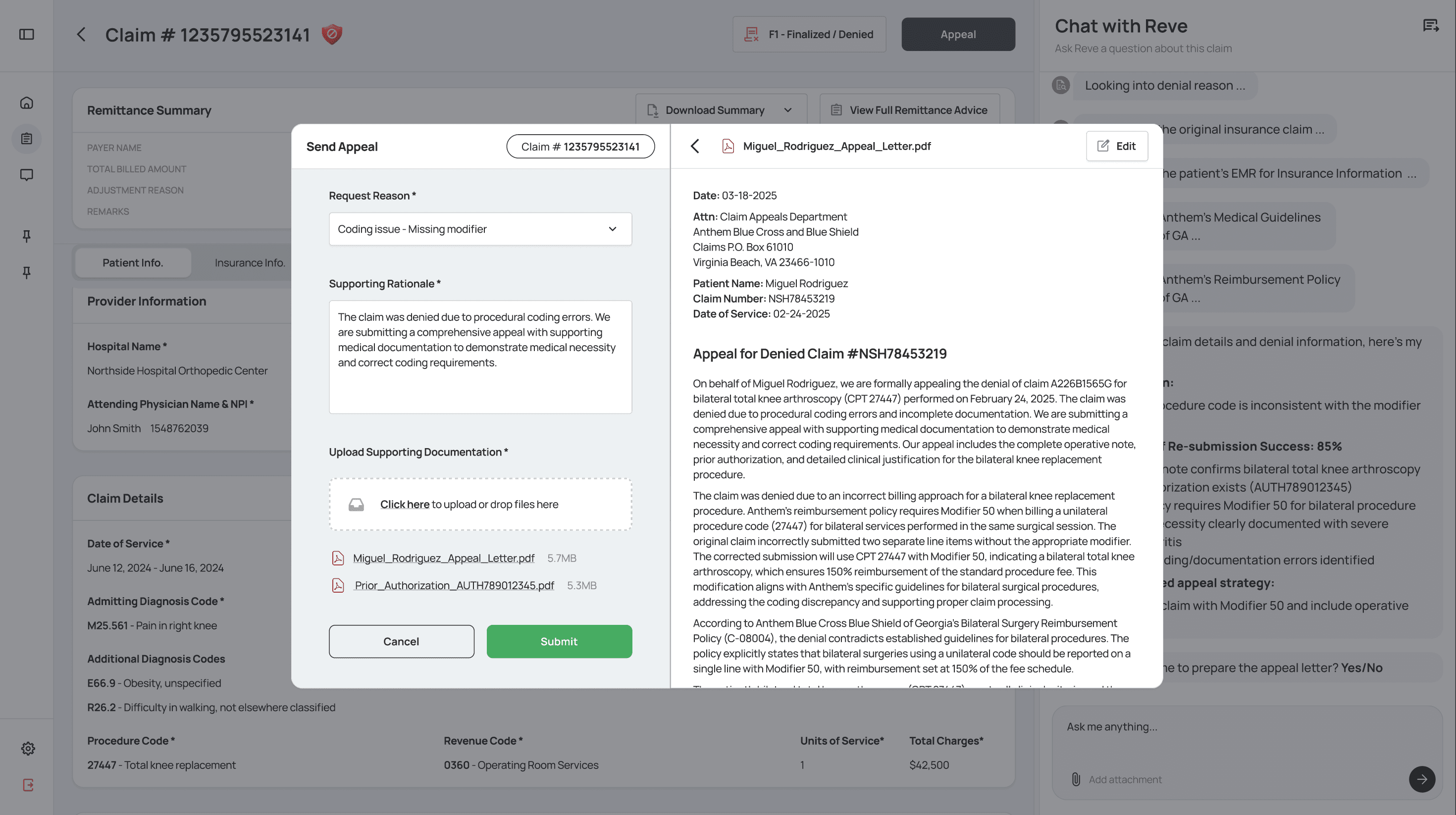 Claim preparation interface showing automated document generation and submission tools